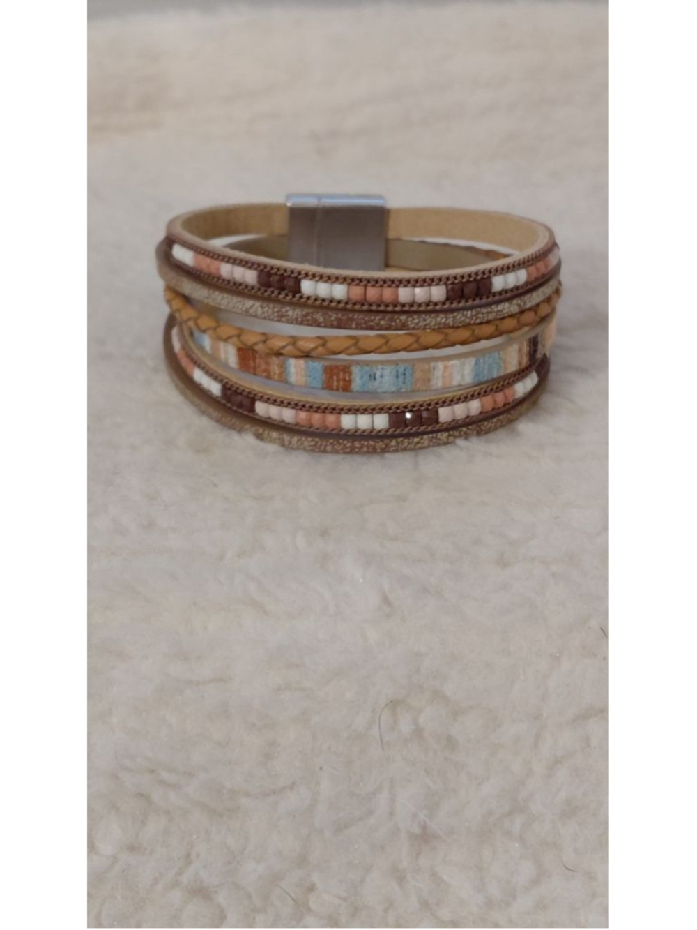 Women's Bracelet One Size Brown Beige Beaded Leather